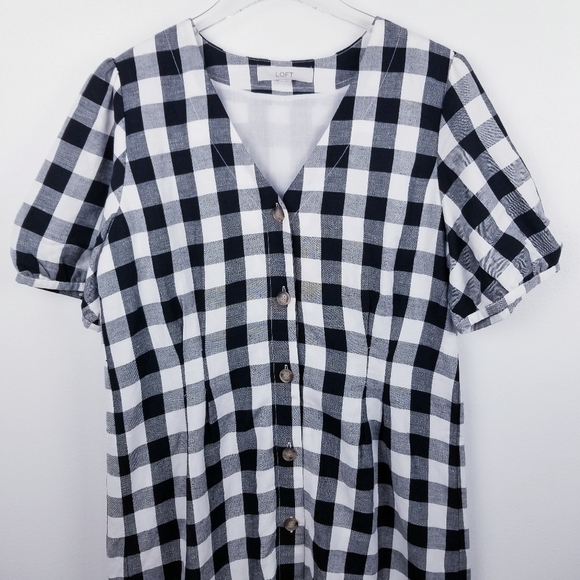 Loft Gingham Linen Blend Button Front V-Neck Dress, size 12 - Picture 6 of 13